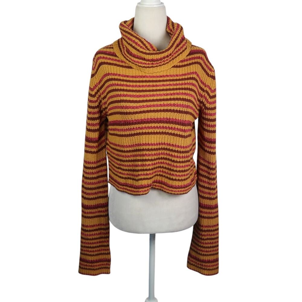 Urban Outfitters Mustard Yellow and Red Stripe Crop Cowl Turtleneck Sweater XS